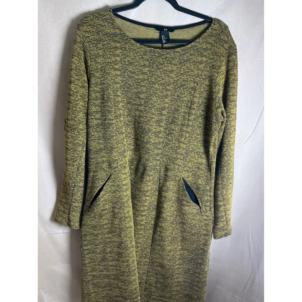 H&M A-Line Dress Womens L Mustard Black Excellent Textured Knit Zipper Pockets